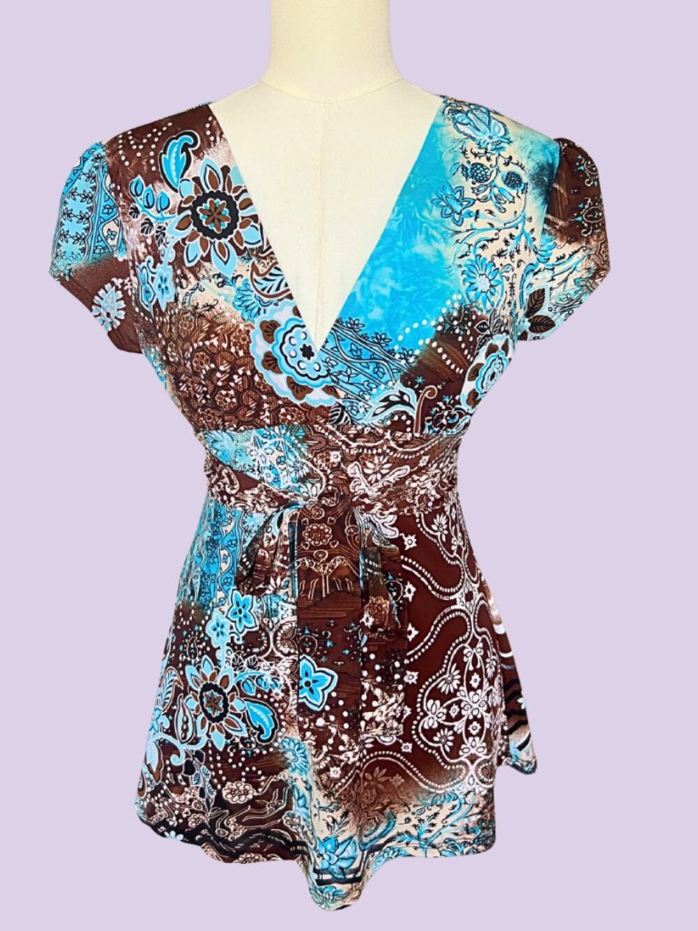 Y2K Body Central Brown Turquoise Paisley Tie Waist Top